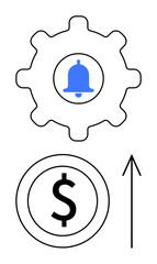 Gear with bell in center symbolizes notifications or alerts. Dollar sign in circle beneath represents finance. Arrow pointing upward implies financial growth. Ideal for financial management