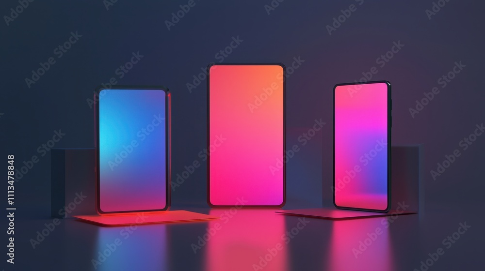 Poster Interactive Digital Prototype Mockup of Clean Smartphone Designs with Gradient Backgrounds