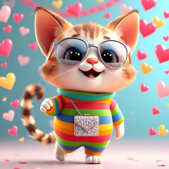 Fototapeta premium Adorable Chubby Kitten Wearing Vibrant Outfit in Whimsical Style