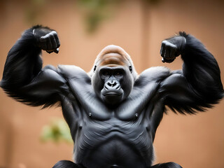 Fototapeta premium Muscle gorilla showcasing strength zoo encounter wildlife photography natural habitat close-up animal power concept