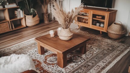Wooden Coffee Table With Pampas Grass And Candles In Living Room