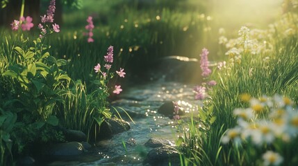 Fototapeta premium Serene Stream Flows Through Lush Green Meadow Wildflowers