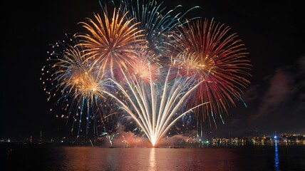 Spectacular Nighttime Fireworks Display Over Water - Vibrant Reflections and Festive Celebration
