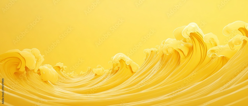 Poster vibrant plain yellow background featuring abundant flowing wave patterns, abstract smooth wave desig