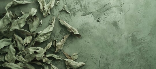 bunch of dry leaves on green texture wall background 38