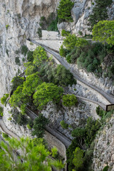 View of Via Krupp switchback pathway from the Gardens of Augustus (Giardini di Augusto) Capri, Italy.