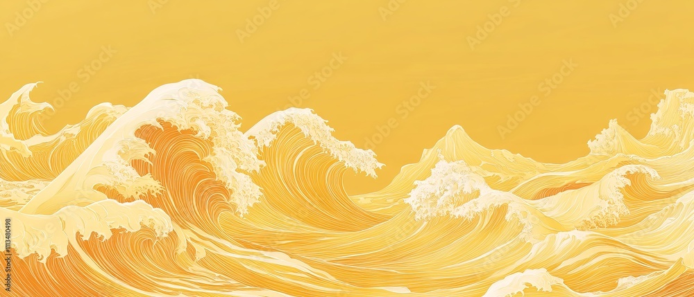 Poster vibrant plain yellow background featuring abundant flowing wave patterns, abstract smooth wave desig