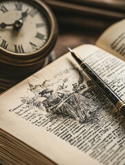 A close-up of an open book features a fable illustration highlighting moral lessons, accompanied by a vintage clock and ink pen, symbolizing the enduring essence of storytelling and wisdom.