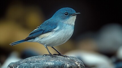 Naklejka premium Vibrant bluebird perched on natural stone in serene outdoor setting