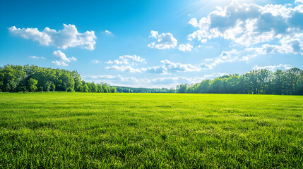 Obraz premium Lush Green Field Under a Bright Sunny Sky