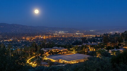 Obraz premium Panoramic view of a city at night with a full moon, illuminated houses and buildings, and mountains in the background.