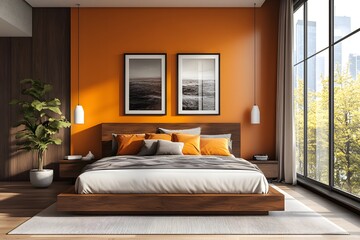 Modern Bedroom with Orange Accents and Scenic Wall Art. A stylish bedroom featuring a warm orange accent wall, a comfortable bed with white and orange pillows and large windows offering a nature view.