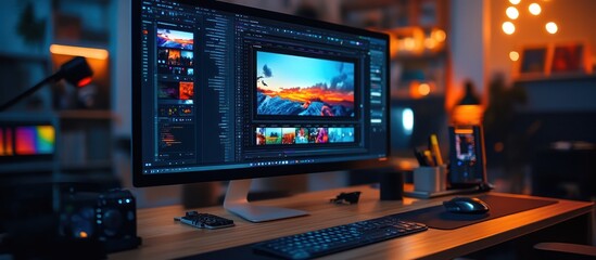 Fototapeta premium A computer desktop with a large monitor displaying an image editing software interface, a keyboard, a mouse, and a camera.