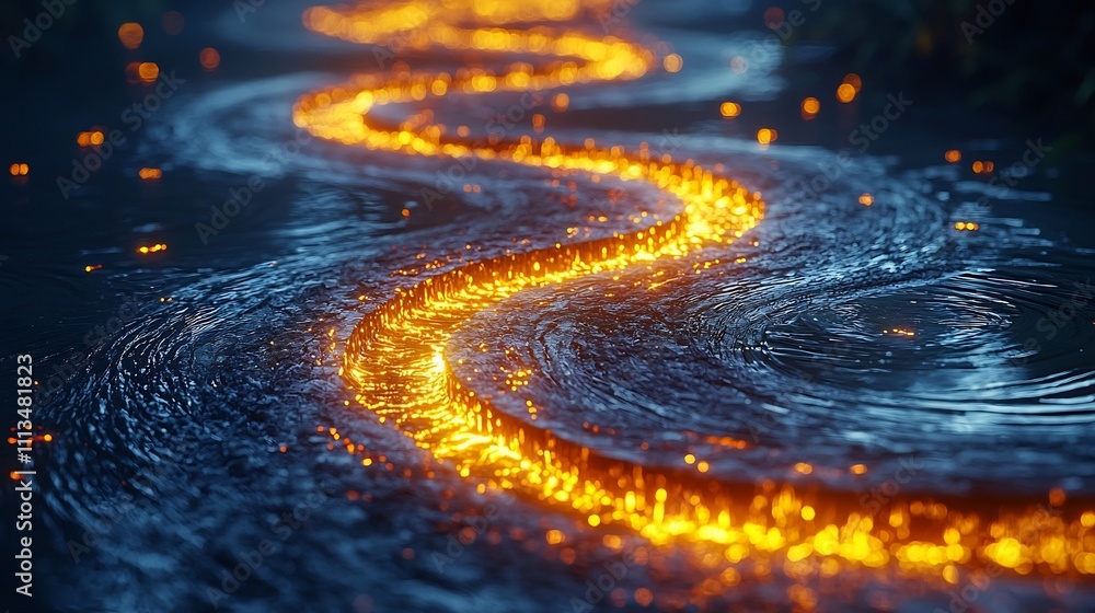 Poster continuous stream of glowing ripples symbolizing the flow of knowledge and discovery