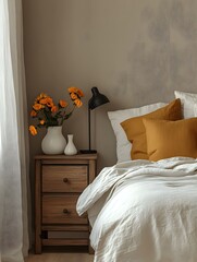 Cozy Bedroom Corner with Yellow Accents. A Serene Setting Featuring a Wooden Nightstand, Vibrant Yellow Flowers in a Vase, Modern Black Lamp, and Soft Bedding with Yellow and Beige Pillows.