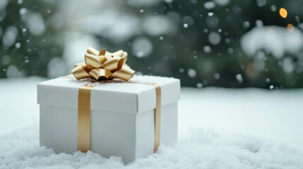 White gift box with gold ribbon in snowy winter scene.