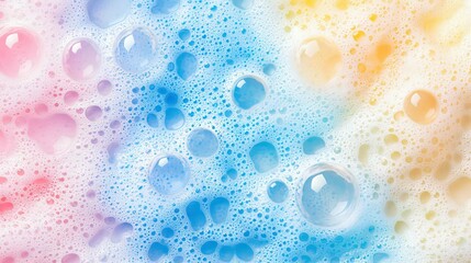 Background of colourful soap foam with bubbles, top view