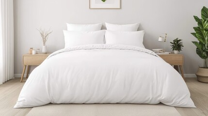 A serene bedroom with symmetrical design minimalist aesthetic natural light cozy atmosphere modern comfort
