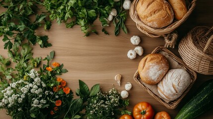 A traditional farmers lunch featuring fresh bread and vegetables on a wooden table surrounded by nature's bounty