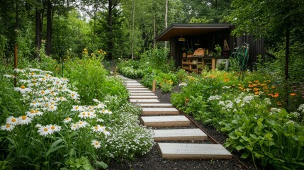 Cultivating a traditional kitchen garden surrounded by blooming flowers outdoor space photography lush nature serene viewpoint sustainable living