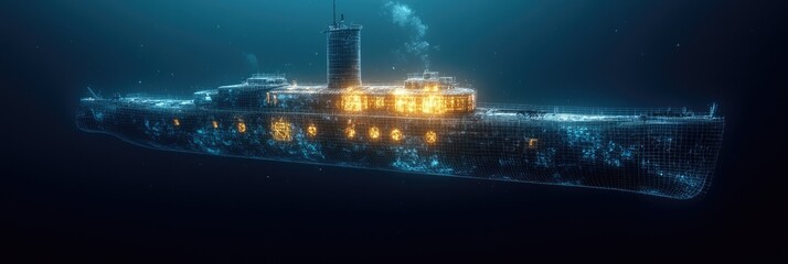 Futuristic underwater research station wireframe hologram for marine exploration concepts