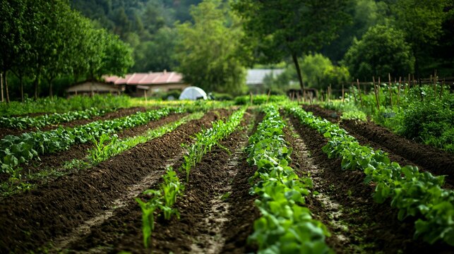 Eco-friendly farming practices are highlighted through organic crops, compost, and modern tools in this depiction of sustainable agriculture on a white background.