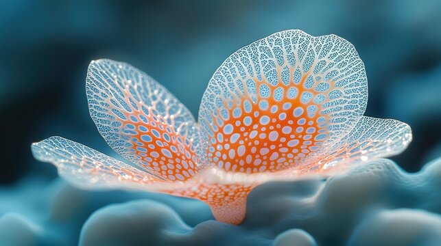 Delicate translucent petal with intricate patterns in soft blue background