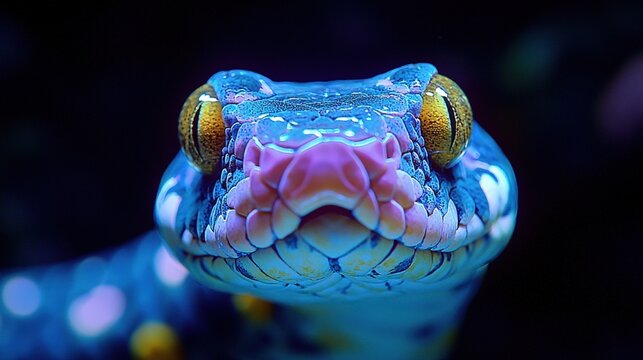 Vibrant blue and yellow python with hypnotic eyes under neon light