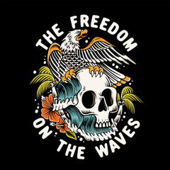 skull eagle, surfing skull eagle, eagle surfing, vintage skull summer design with eagle, apparel illustration