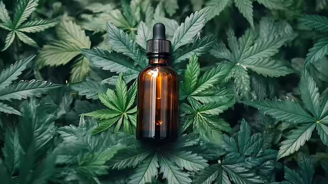 A green bottle of hemp oil extract against a background of hemp leaves symbolizes alternative medicine and healthcare