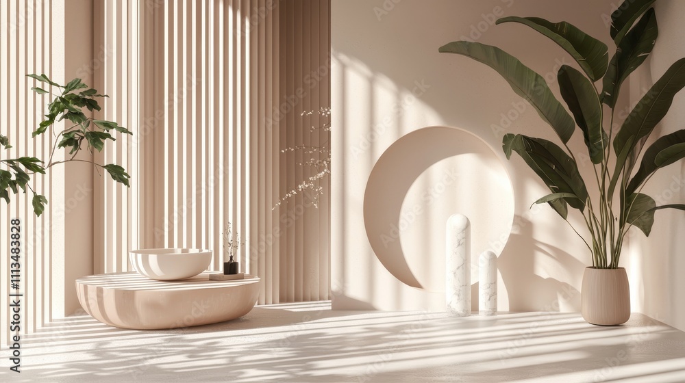 Poster minimalistic interior design with clean lines and natural elements in soft light