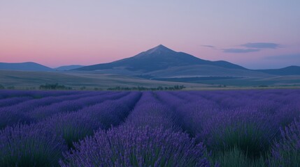 Obraz premium Lavender Field with Mountainous Background at Dusk