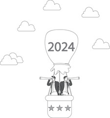 New Year 2024 looking ahead to a new business or career, looking for new business opportunities or career paths, looking forward to the future, isometric businessmen standing on a New Year's hot air b