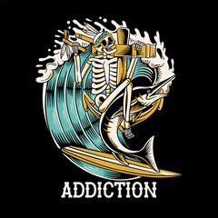 surfing skull on the waves, vintage skeleton with fish design, apparel illustration