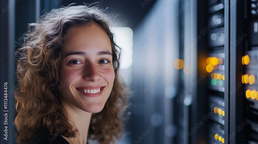 Poster smiling woman in a data center surrounded by server racks during evening hours