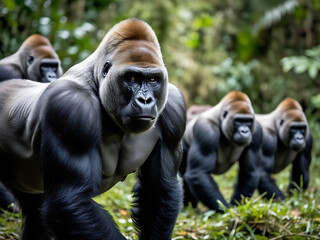 Majestic muscle gorilla family marching through lush jungle wildlife photography close-up view nature's strength
