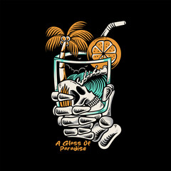 a glass of cocktail, skull glass, skull summer, skeleton surfing, apparel illustration