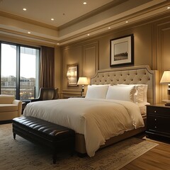 Fototapeta premium Luxurious hotel bedroom featuring a plush bed, elegant decor, and large windows.