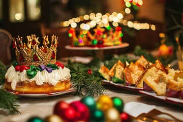 A vibrant Three Kings Day celebration featuring a beautifully adorned table with a traditional rosca de reyes cake, colorful crowns, and festive decor, embodying cultural heritage and joy.