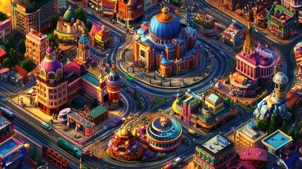 Fototapeta premium Colorful cityscape with vibrant buildings, roads, and transportation. High-angle view of a whimsical, cartoonish city.