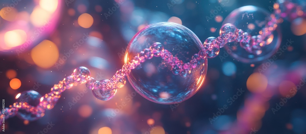 Poster abstract representation of dna with bubbles and bokeh lights.