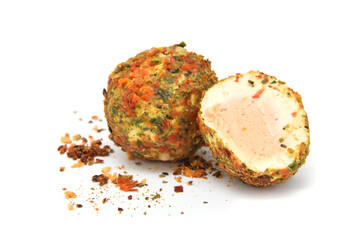 Fresh cheese ball mould or mustiness in spices closed up isolated on white