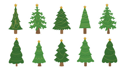 Set of Christmas trees with different decorations. Evergreen forest. Holiday design for cards, banners, packaging and textiles. Traditional symbol of Christmas and New Year. Vector illustration.