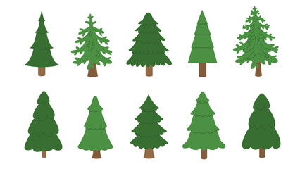 Set of different stylized Christmas trees. Evergreen forest. Holiday design for cards, banners, packaging and textiles. Traditional symbol of Christmas and New Year. Vector illustration.