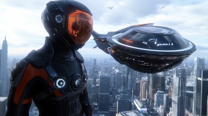 Fototapeta premium Futuristic space exploration sci-fi character with hovercraft over city skyline digital art urban environment aerial view