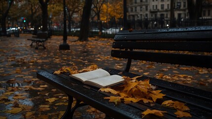Autumn Leaves Book Resting On Park Bench