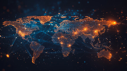 abstract business connection of line from nail node to node on world map background Innovation network points Earth's surface