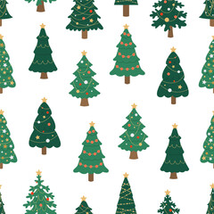 Endless seamless pattern with different Christmas trees decorated with a star and toys. Stylized design for packaging and textiles. Traditional symbol of Christmas and New Year. Vector illustration.