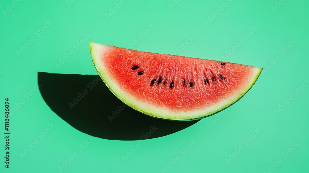 Poster a slice of watermelon on a green background with a shadow.
