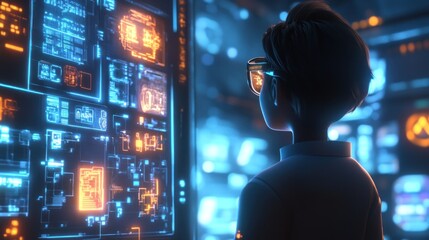 Person viewing futuristic interface, digital displays, glowing technology.